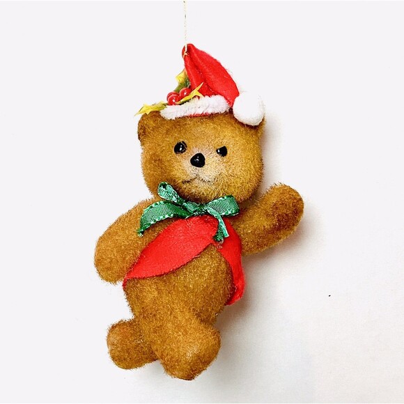 Vintage Christmas Teddy Bear Flocked Walking Waving Ornament Retro Holiday Decor - Picture 3 of 5